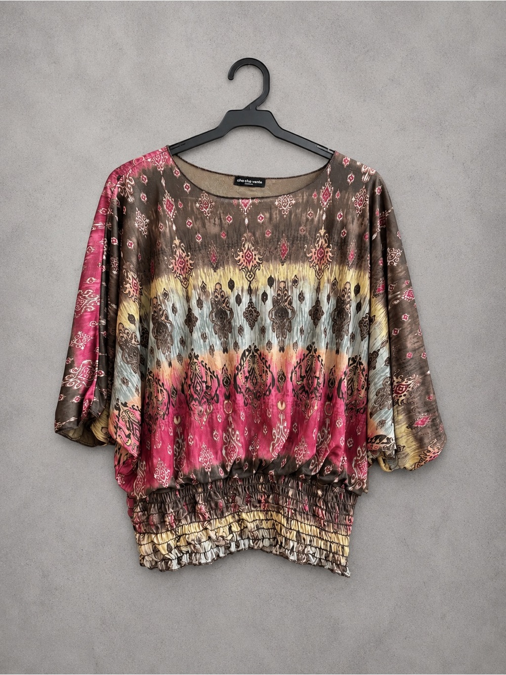 Cha Cha Vente Womens Medium Boho Ikat Print Smocked Waist Dolman Sleeve Top